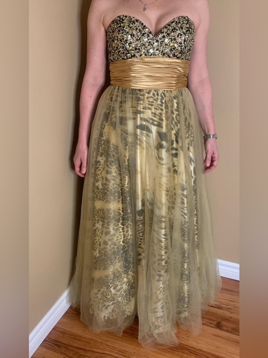 Dresses & Skirts - Gold Sequin Strapless Prom Dress | Leopard Tulle Gown Corset Back Size M (8/10)